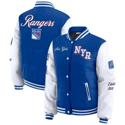 Wear By Erin Andrews Blue/white New York Rangers Varsity Full-snap Puffer Jacket