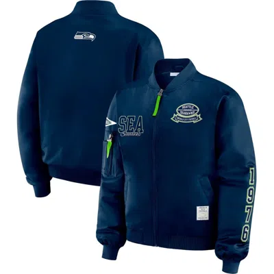 Wear By Erin Andrews College Navy Seattle Seahawks Patch Full-zip Bomber Jacket In Multi