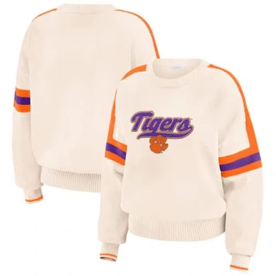 Wear By Erin Andrews Cream Clemson Tigers Chenille Woven Patch Stripe Pullover Sweater