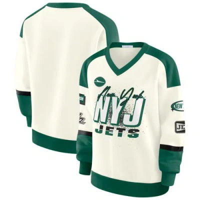 Wear By Erin Andrews Cream New York Jets Racing Crew V-neck Sweatshirt