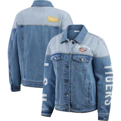 Wear By Erin Andrews Denim Lsu Tigers Sleeve Hit Colorblock Button-down Denim Jacket In Blue