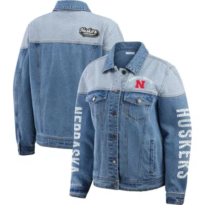 Wear By Erin Andrews Denim Nebraska Huskers Sleeve Hit Colorblock Button-down Denim Jacket In Blue