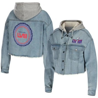 Wear By Erin Andrews Denim Super Bowl Lviii Cropped Hoodie Full-snap Jacket