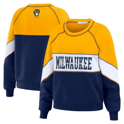 Wear By Erin Andrews Gold/navy Milwaukee Brewers Color Block Crew Neck Pullover Sweatshirt In Gold,navy