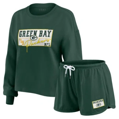 Wear By Erin Andrews Green Green Bay Packers Heavy Rugby Jersey Long Sleeve T-shirt & Shorts Lounge
