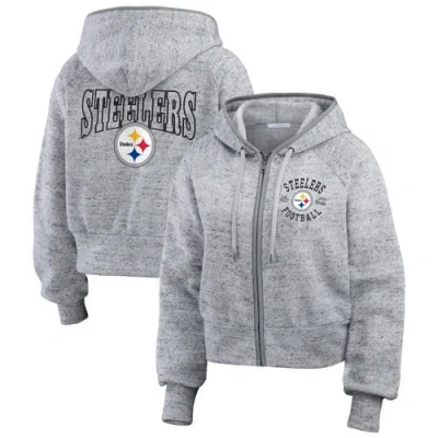 Wear By Erin Andrews Heather Gray Pittsburgh Steelers Speckled Fleece Cropped Full-zip Hoodie
