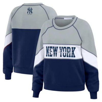Wear By Erin Andrews Heather Gray/navy New York Yankees Color Block Crew Neck Pullover Sweatshirt In Heather Gray,navy