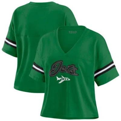Wear By Erin Andrews Kelly Green New York Jets Color Block Boxy V-neck T-shirt