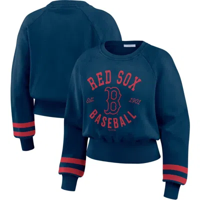 Wear By Erin Andrews Navy Boston Red Sox Vintage Washed Cropped Pullover Sweatshirt In Black