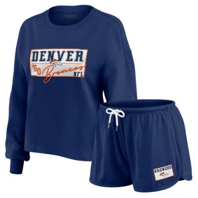 Wear By Erin Andrews Navy Denver Broncos Heavy Rugby Jersey Long Sleeve T-shirt & Shorts Lounge Set In Blue