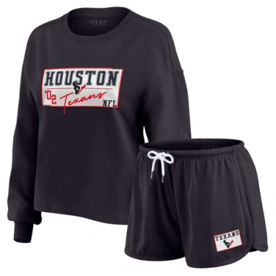 Wear By Erin Andrews Navy Houston Texans Heavy Rugby Jersey Long Sleeve T-shirt & Shorts Lounge Set In Blue