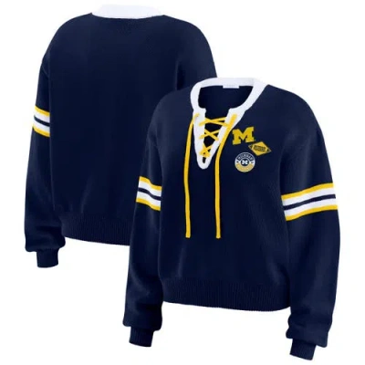Wear By Erin Andrews Navy Michigan Wolverines Lace-up Pullover Sweater