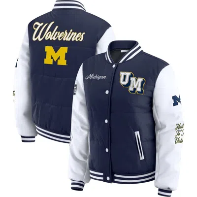 Wear By Erin Andrews Navy Michigan Wolverines Varsity Full-snap Puffer Jacket In Blue