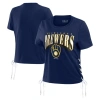 WEAR BY ERIN ANDREWS WEAR BY ERIN ANDREWS NAVY MILWAUKEE BREWERS SIDE LACE-UP CROPPED T-SHIRT