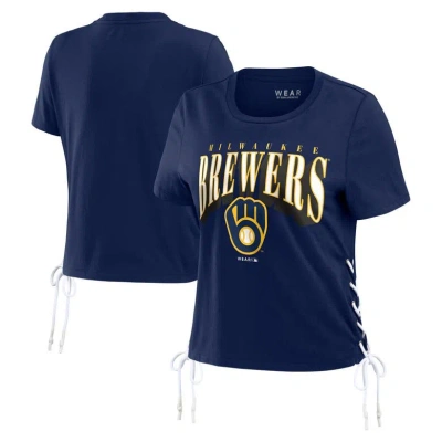 Wear By Erin Andrews Navy Milwaukee Brewers Side Lace-up Cropped T-shirt