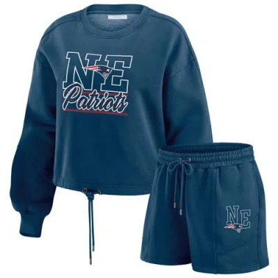 Wear By Erin Andrews Navy New England Patriots Washed Fleece Long Sleeve T-shirt & Shorts Lounge Set In Blue