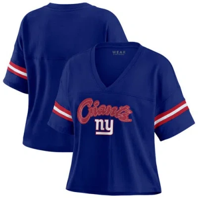 Wear By Erin Andrews Navy New York Giants Color Block Boxy V-neck T-shirt In Blue
