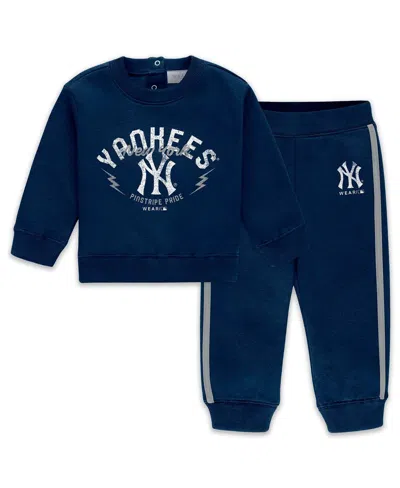 Wear By Erin Andrews Babies' Newborn 2-piece Navy New York Yankees Fleece Crewneck And Pants Set In Blue