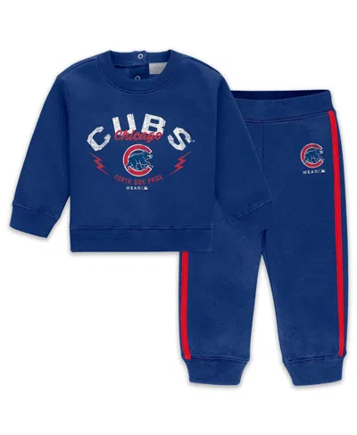Wear By Erin Andrews Babies' Newborn 2-piece Royal Chicago Cubs Fleece Crewneck And Pants Set In Blue