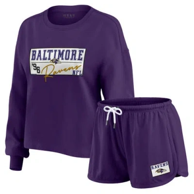 Wear By Erin Andrews Purple Baltimore Ravens Heavy Rugby Jersey Long Sleeve T-shirt & Shorts Lounge  In Blue