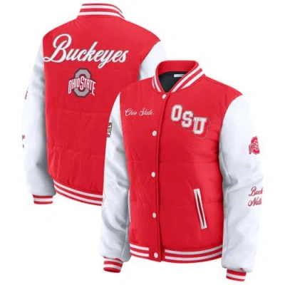 Wear By Erin Andrews Scarlet Ohio State Buckeyes Varsity Full-snap Puffer Jacket In Red