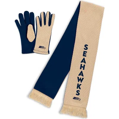 Wear By Erin Andrews Seattle Seahawks Tonal Microcheck Scarf & Glove Set In Tan