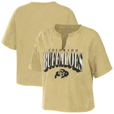 Wear By Erin Andrews Tan Colorado Buffaloes Bleach Wash Splatter Cropped Notch Neck T-shirt In Burgundy