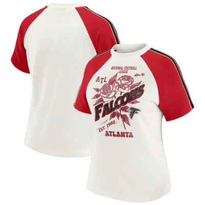 Wear By Erin Andrews White Atlanta Falcons Sleeve Stripe Distressed Raglan T-shirt In Multi