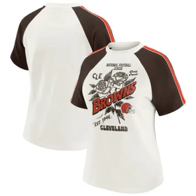 Wear By Erin Andrews White Cleveland Browns Sleeve Stripe Distressed Raglan T-shirt