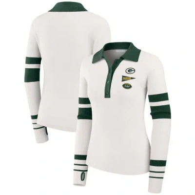 Wear By Erin Andrews White Green Bay Packers Ribbed Henley Polo Sweater
