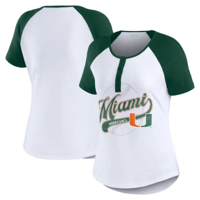Wear By Erin Andrews White Miami Hurricanes Baseball Logo Raglan Henley T-shirt