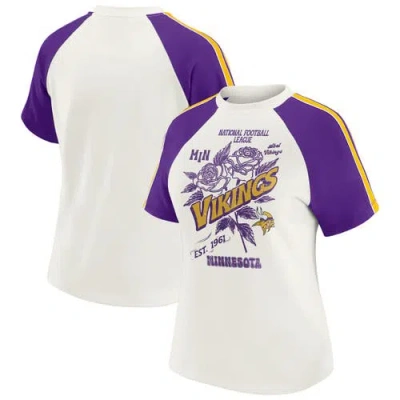 Wear By Erin Andrews White Minnesota Vikings Sleeve Stripe Distressed Raglan T-shirt In Multi