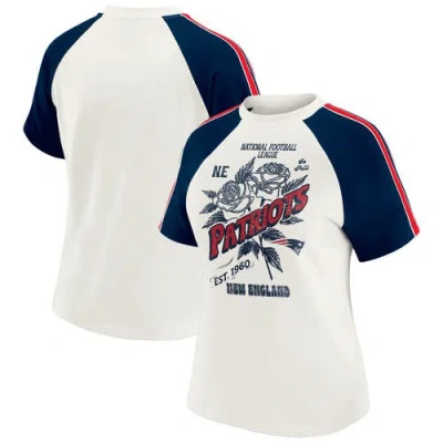 Wear By Erin Andrews White New England Patriots Sleeve Stripe Distressed Raglan T-shirt