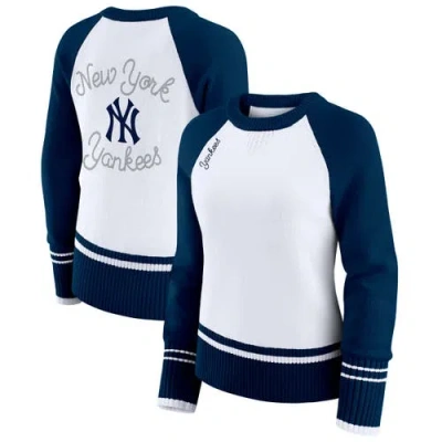 Wear By Erin Andrews White New York Yankees Colorblock Raglan Sweater In Blue