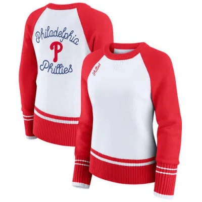 Wear By Erin Andrews White Philadelphia Phillies Colorblock Raglan Sweater In Red
