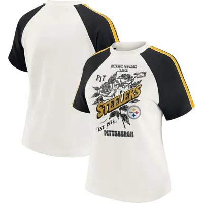 Wear By Erin Andrews White Pittsburgh Steelers Sleeve Stripe Distressed Raglan T-shirt