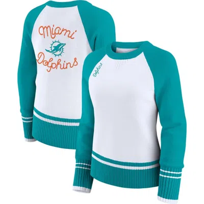 Wear By Erin Andrews White/aqua Miami Dolphins Colorblock Raglan Sweater