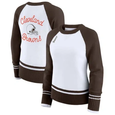 Wear By Erin Andrews White/brown Cleveland Browns Colorblock Raglan Sweater