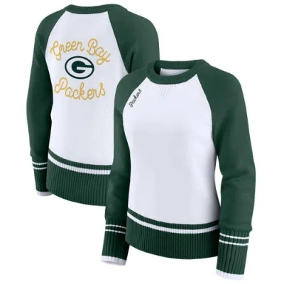 Wear By Erin Andrews White/green Green Bay Packers Colorblock Raglan Sweater