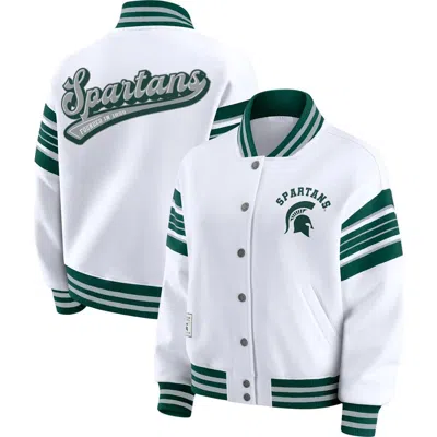 Wear By Erin Andrews White/green Michigan State Spartans Satin Stitch Full-snap Fleece Sweatshirt Ja