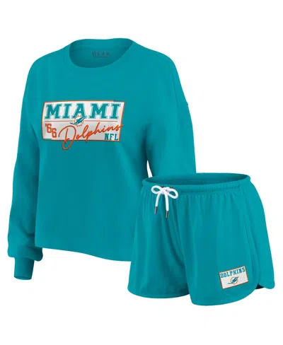 Wear By Erin Andrews Women's 2-piece Aqua Miami Dolphins Heavy Rugby Jersey Long Sleeve T-shirt And Shorts Lounge Set In Blue