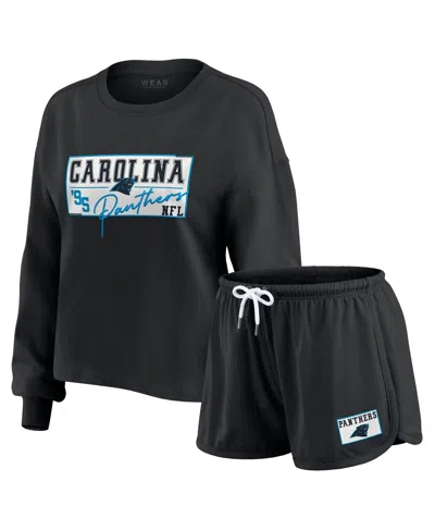 Wear By Erin Andrews Women's 2-piece Black Carolina Panthers Heavy Rugby Jersey Long Sleeve T-shirt And Shorts Lounge Set