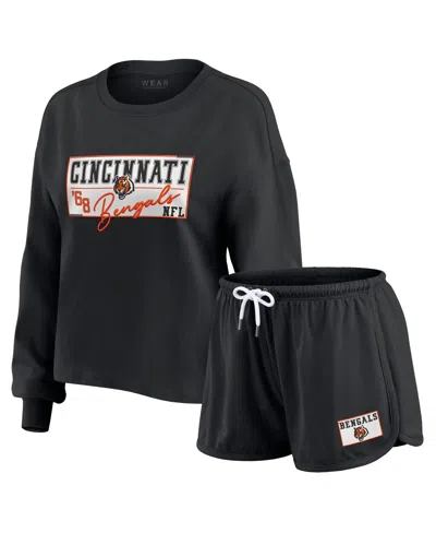 Wear By Erin Andrews Women's 2-piece Black Cincinnati Bengals Heavy Rugby Jersey Long Sleeve T-shirt And Shorts Lounge Se