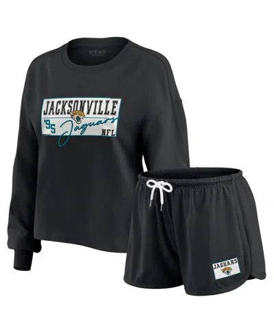 Wear By Erin Andrews Women's 2-piece Black Jacksonville Jaguars Heavy Rugby Jersey Long Sleeve T-shirt And Shorts Lounge 