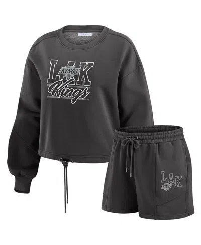 Wear By Erin Andrews Women's 2-piece Black Los Angeles Kings Washed Fleece Sweatshirt And Shorts Lounge Set