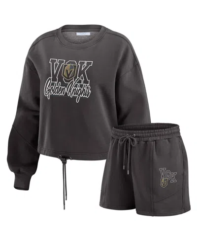 Wear By Erin Andrews Women's 2-piece Black Vegas Golden Knights Washed Fleece Sweatshirt And Shorts Lounge Set In Gray