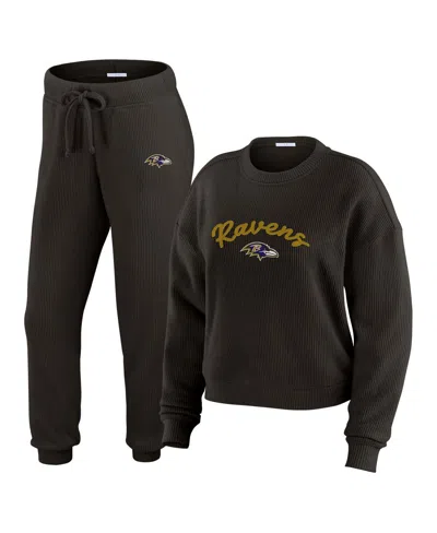 Wear By Erin Andrews Women's 2-piece Cream Baltimore Ravens Knitted Tri-blend Long Sleeve T-shirt And Pants Lounge Set In Black