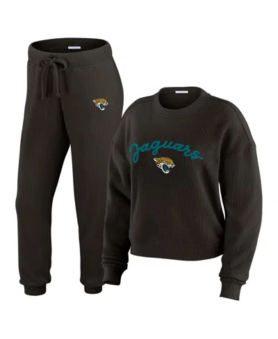 Wear By Erin Andrews Cream Jacksonville Jaguars Plus Size Knitted Tri-blend Long Sleeve T-shirt & P In Black