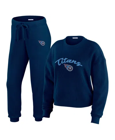 Wear By Erin Andrews Women's Cream Tennessee Titans Knitted Tri-blend Long Sleeve T-shirt Pants Lounge Set In Blue