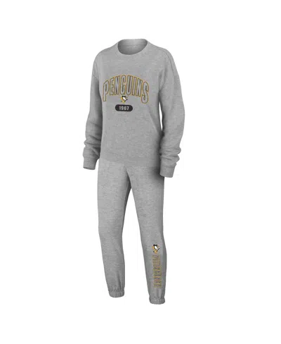 Wear By Erin Andrews Women's 2-piece Heather Gray Pittsburgh Penguins Knit Long Sleeve Tri-blend T-shirt And Pants Sleep 